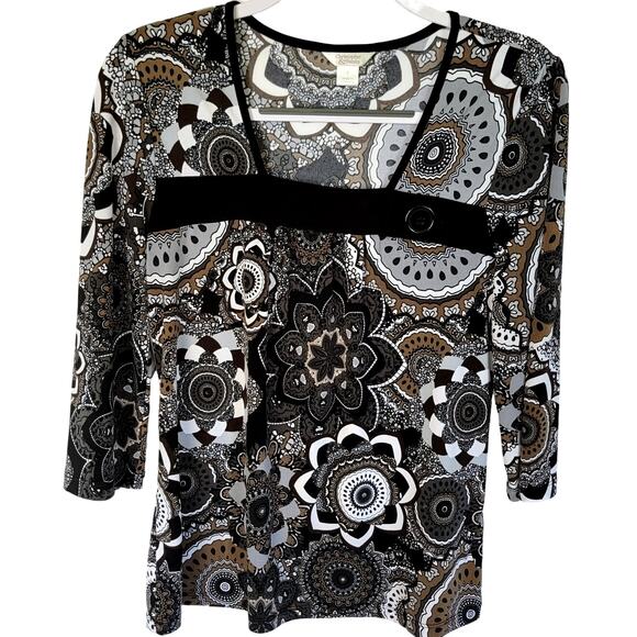 Y2K Black Tan Geometric Medallion Square Neck Retro 3/4 Sleeve Blouse Size Small - Picture 1 of 10